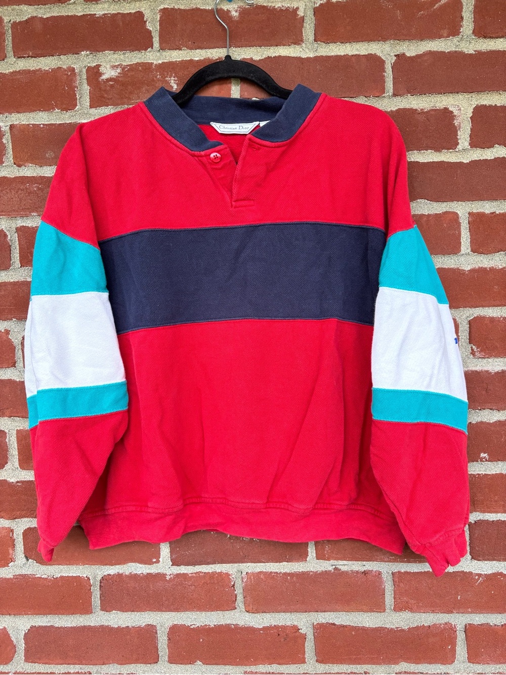 Vintage Christian Dior Colorblock Rugby Sweatshirt - Red/Teal/Navy